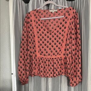 LOFT Coral Pink Black Floral Lace-Trim Peplum Blouse